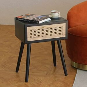 Mid Century Modern Black Ratan Nightstand with One Drawer