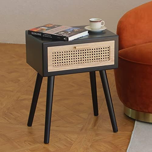 Mid Century Modern Black Ratan Nightstand with One Drawer