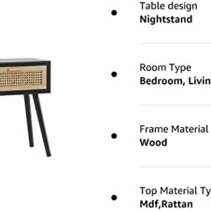 Mid Century Modern Black Ratan Nightstand with One Drawer