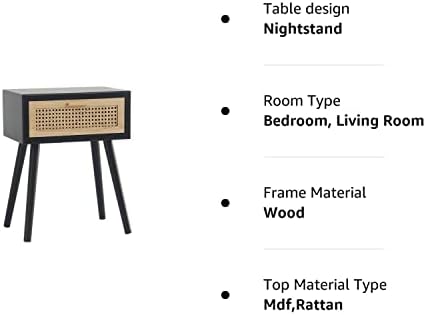 Mid Century Modern Black Ratan Nightstand with One Drawer