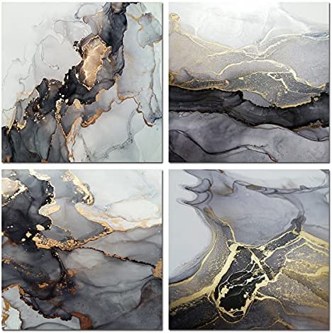 Black and White 4 Panels Abstract Print Wall Art – Gold Watercolor Painting on Canvas