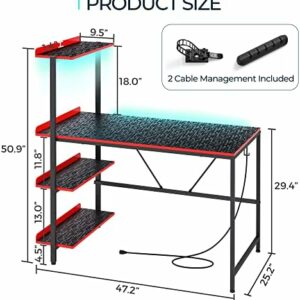 Black 47 Inch Gaming Desk with USB Charger and LED Multi-Color Light