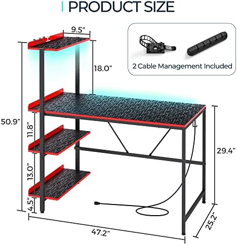 Black 47 Inch Gaming Desk with USB Charger and LED Multi-Color Light