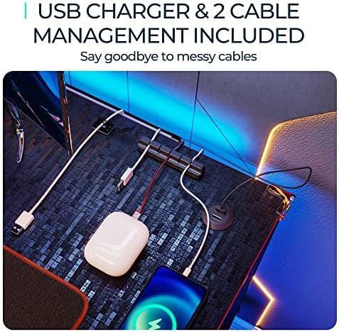 Black 47 Inch Gaming Desk with USB Charger and LED Multi-Color Light