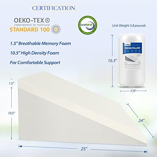 Forias Wedge Pillow for Sleeping 12″ Bed Wedge Pillow for After Surgery – Memory Foam Top
